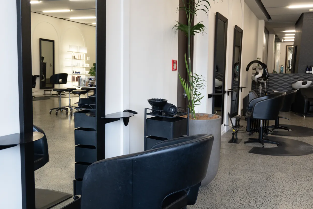 Styling stations lining the corridor of the studio floor
